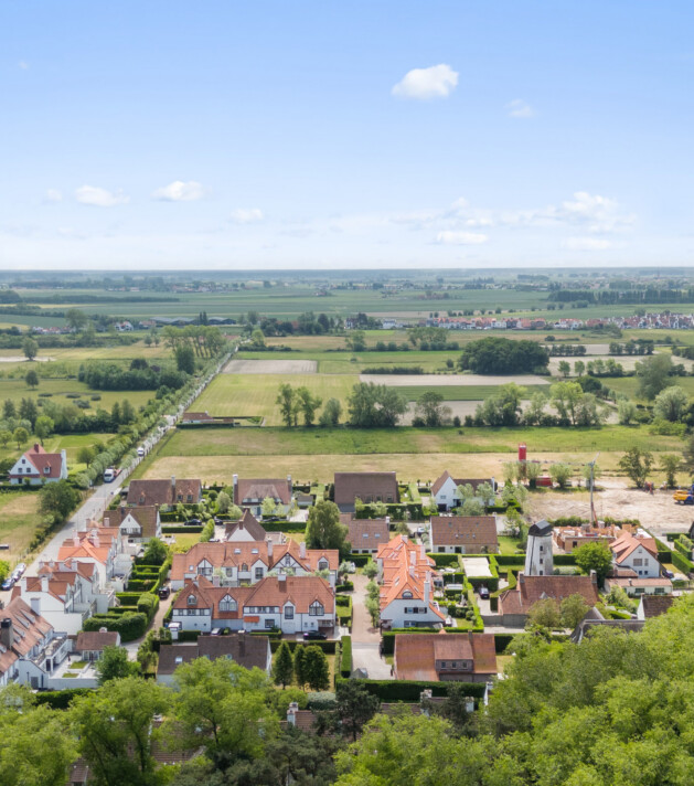 Vastgoed in de Polders rond Knokke – luchtbeeld van villa’s met open zichten in de Oosthoek